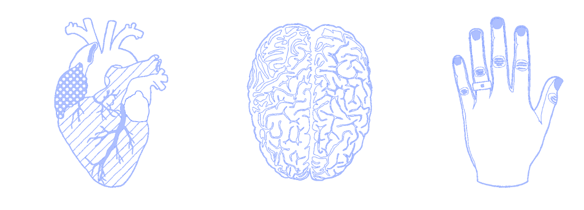 disegno grafico blu cuore cervello mano